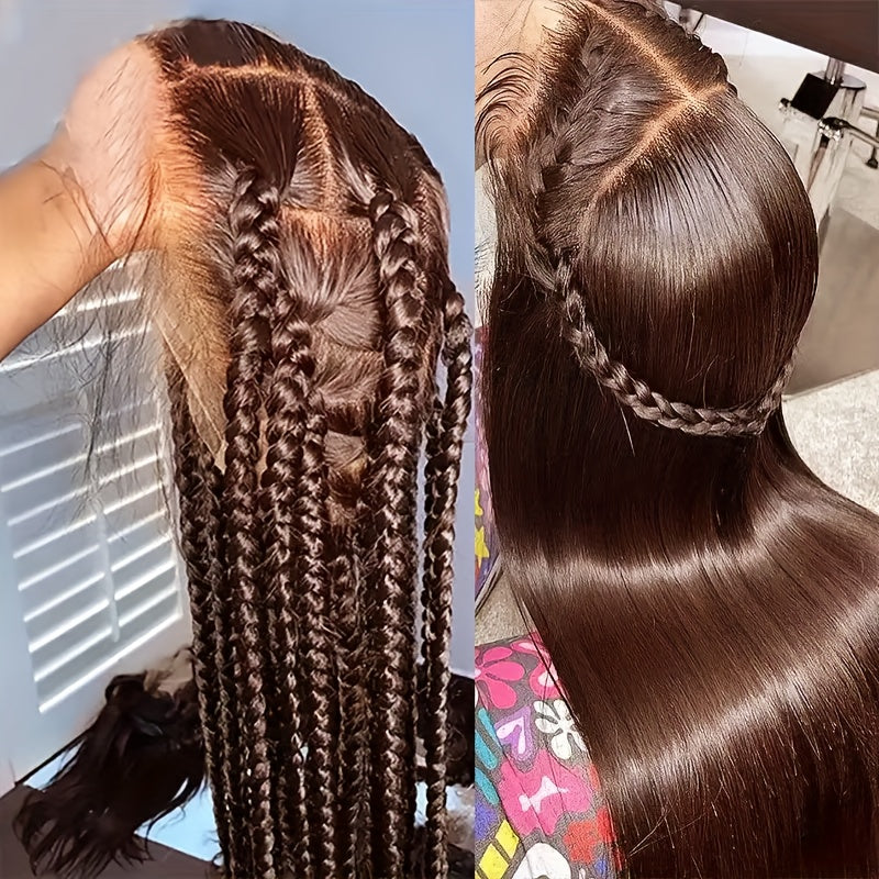 250% Density Silk Straight Wigs 100% Brazilian Human Hair 13*6 HD Transparent Lace Deep Parting Pre Plucked Natural Hairline Chocolate Brown Straight Human Hair #4 Color Wig Suitable For All Women